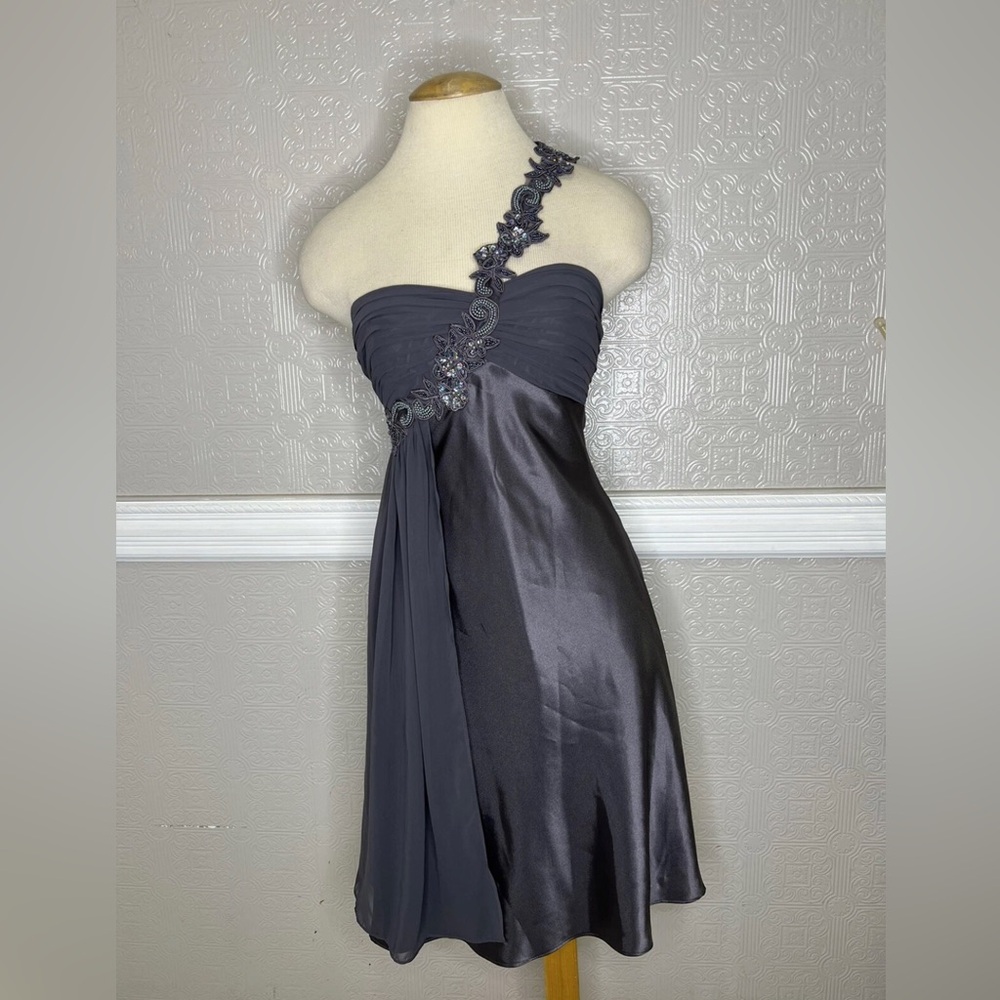 Night Way Collections One-Shoulder Satin Cocktail Dress in Charcoal